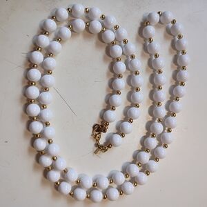 80s Signed Monet White and Gold Beaded Necklace